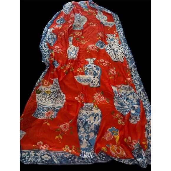 NWT One Hundred Stars Orange Floral Blue Asian Vase Shawl/Scarf Modal Viscose - Picture 2 of 8